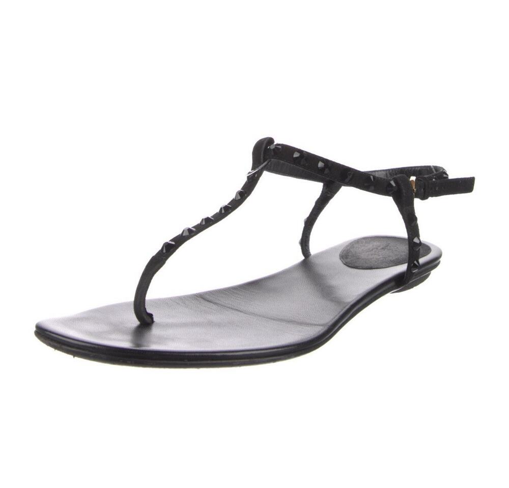 Authentic Gucci Black Leather Rhinestone Embellished Thong Flat Sandals EU 37.5